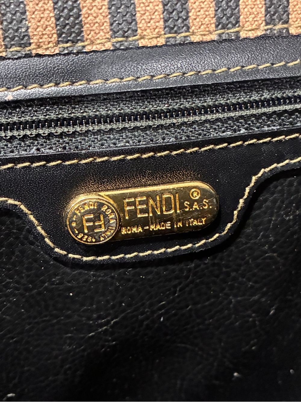 Fendi Pequin Vintage Top Handle Black Brown Striped Crossbody Bag - Picture 8 of 8